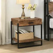 IHOMDEC Industrial Wood and Metal Night Stands Side Table with Drawer Rustic Dark Brown