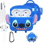 Funny Cover for Airpods 4 4th Generation Case - 3D Cute Cartoon Kawaii Cool Animal Backpack Silicone Case Skin for AirPods 4 Gen Case Cover with Magnetic Cord, Keychain, Cleaner Pen Kit Set - Blue