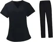 [Colaxi] Woman Black Scrubs Set Work Uniforms Nurse Costume Machine Washable Top and Pants Scrub Kit for Worker Pet Groomer Durable