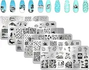 XEAOHESY 6pcs Seaside Scenery Nail Stamping Plate Nail Stamping Kit for Nails Summer Beach Coconut Trees Sunset Waves Sea Animals Image Plates Nail Stamper Kit Nail Stamping Plates for Nails