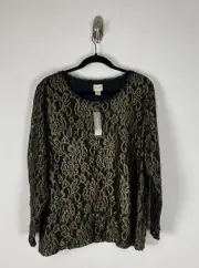 Nwt Chico's Foil Lace Floral Top Size XL (3) Black Gold Lace Overlay Stretch