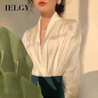 在飛比找蝦皮商城優惠-Ielgy 白色v領緞面襯衫女長袖雪紡上衣