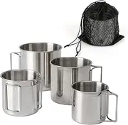 Wulisan Stackable Camping Mug Stainless Steel Portable Cups with Folding Handle & Mesh Bag for Touring Trips Outdoor Camping Campfire Hiking Picnic 4 Piece Set 7.44oz, 11.16oz, 16.9oz, 22.3oz