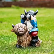Joint Honglin Garden Resin Gnome Statues Sitting on Highland Cow Solar Lights Outdoor Telescope Gnome Gifts for Yard, Patio Decor Gift(Cow Gnome)