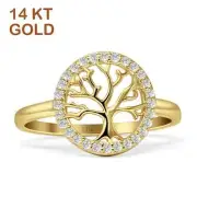 14K Gold Halo Pave Tree of Life Statement Round Ring CZ 12.5mm