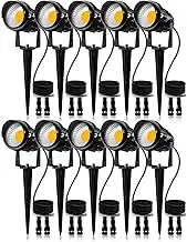 SUNVIE 12W Low Voltage LED Landscape Lights with Connectors, Outdoor 12V Super Warm White (900LM) Waterproof Garden Pathway Lights Wall Tree Flag Spotlights with Spike Stand (10 Pack with Connector)