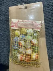 Alox Agates Marbles Vintage On Cardboard 18 Glass Marbles On Sealed Box