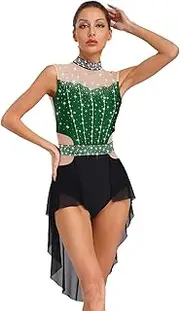 [TiaoBug] Women Sleeveless Lyrical Dance Dress Sparkly Skirted Leotard Contemporary Figure Skating Dance Costume
