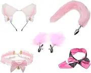 Plug Couples Cosplay with Fox Tail, Set of 6 Cat Ears Headbands, Hair Accessories, Breast Clip, Anus Masturbator, Plug Couples Cosplay, for Men Women Couples