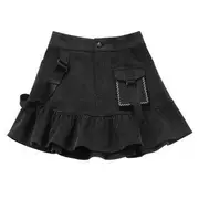 Short-Sleeve Lettering Print Lace Up Polo Shirt / Short-Sleeve Cold Shoulder Crop Tee / High Waist Plain Ruffle Mini A-Line Cargo Skirt / High Waist Star Print Wide Leg Cargo Pants 23Y032 - Skirt - Black - L
