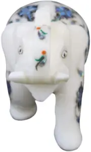 Elephant Statue Semi-Precious Gemstone White Marble Inlay Handmade Art