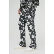 Mens Grey Tall Floral Tapestry Stacked Flared Trousers