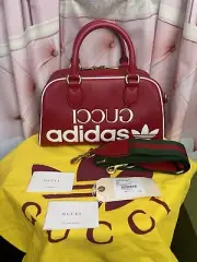 GUCCI X ADIDAS RED Textured Dolklar Calfskin Web Trefoil mini Duffle Bag NWTS