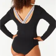 New Women CHAMPION C LOGO Long Sleeve Bodysuit Snap Crotch Open Back M Black