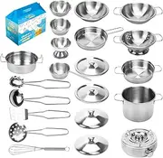 TekkPerry Kids Kitchen Pretend Play Toys, Cooking Toys Play Pots and Pans Set for Kids, Small Stainless Steel Kitchen Cookware Kits Toys, Cookware Playset for Girls, Boys,Toddlers