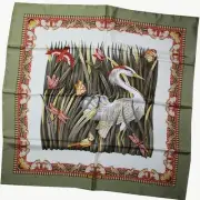 100% New SALVATORE FERRAGAMO Twill Silk 36" Square Scarf Green Bird Heron 220891