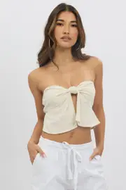 Beige Tube Top Strapless Open Front Linen Blend - Size 14L, Women's Crop Top