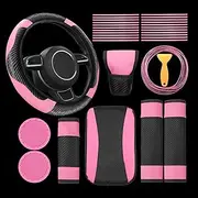 Riakrum 30 Pcs Car Accessories Set Pink and Black PU Leather Steering Wheel Cover Auto Interior Accessories Gift Car Vent Trim Strips Air Conditioner Insert Strips with Installation Tool