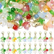 Ipotkitt 20pcs 10 Colors Glass Lily Charms Flower Lobster Claw Clasp Charms with Green Leaf Round Ball Cute Hanging Dangle Charms for DIY Bag Phone Decor