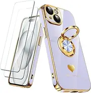 Nonional Compatible for iPhone 15 Case with 2 Pack Screen Protector, 360° Rotatable Ring Holder [Luxury Hearts Pattern] Plating Gold Edge Slim Soft Phone Cover Case for iPhone 15 - Lavender