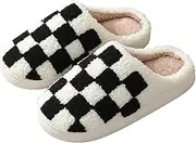 [Tellrain] Checkered Slippers Women Fuzzy Memory Foam Men House Slippers Trendy Checkerboard Fluffy Preppy Slippers Bedroom Closed Toe Sandals