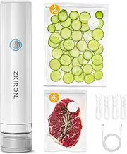ZKIRON OneTouch Handheld Vacuum Sealer with 25 Reusable Vacuum Bags – Portable & Compact, Food Saver Vacuum Sealer with Detachable Transparent Suction for Meal Prep, Sous Vide, Travel & Kitchen