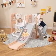 HONEY JOY 7 in 1 L-Shaped Kids Slide and Swing Set, Freestanding Toddler Slide Playset w/Swing, Basketball Hoop and Telescope, Kids Climber Ladder Toy for Toddler Age 1-3 Playground w/Storage Space
