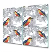 Tempered Glass Bread Board Worktop Saver Kitchen Hand drawn birds white 2x30x52