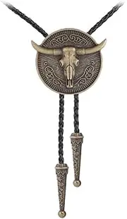 [GelConnie] Longhorn Bull Bolo Tie for Men Native American Western Cowboy Leather Necktie Bolo Necklace for Women Gold Texas