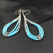 Native Turquoise Heishi Tube Liquid Sterling Silver Dangle Earrings 2" 08875