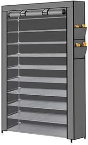 TooToo 10 Tier Shoe Rack Portable Storage Cabinet Organiser Wardrobe Black Cover (Grey)