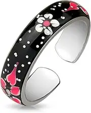 [Paula & Fritz] Women's Adjustable Painted Flowers Pink Silver Black 316L Surgical Steel Toe Ring Middle Ring Friendship Ring Adjustable Ring, stainless steel Surgical steel Stainless steel Enamel