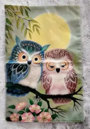 Beautiful Whimsical Sunlit Owls Burlap Garden Flag 12x18