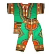 2pc. Set Unisex African Dashiki Shirt & Full Length Pants Green & Orange OS