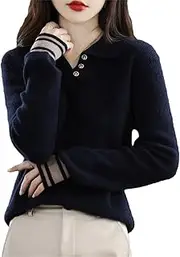 [keusyoi] Classic Merino Wool Sweater Winter Women Lapel Collar Solid Knitted Pullover Casual Soft Button Wool Jumper Tops