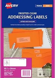 Avery J8562 Inkjet Address Labels, Frosted Clear, 99.1 x 34 mm, 400 Labels (936006 / J8562)