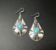 Native American Shiny Sterling Silver Blue Turquoise Large Teardrop Earrings