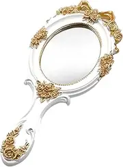 Bitray Handheld Mirror 10" Length Vanity Makeup Mirror Large Decorative Cosmetic Mirror Vintage White Oval Embossed Rose Mirror