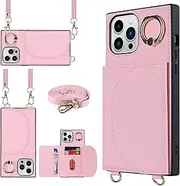 Cavor for iPhone 12 Pro Max Case for iPhone 13 Pro Max Case (6.7") Flip Leather Wallet Card Slots Back Cover with 360°Rotation Ring Holder Kickstand & Shoulder Lanyard-Long Strap Pink