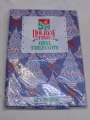 Holiday Time Vinyl Tablecloth Blue White Christmas Trees Red Bows 52x70 Oval NEW