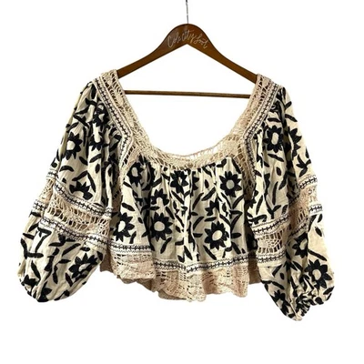 Free People Soleil Top Small Square Neck Balloon Sleeve Embroidered NWT $168