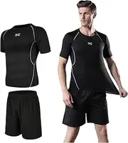 [Jueshanzj] Fitness clothes men's tights gym equipment running and basketball training quick-drying sports suit Black L