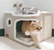 Large Cat Cave Bed for Indoor Cats, Foldable Pet House Cube with Scratch Pad, Ki