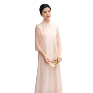 【糖潮】玩美衣櫃粉色中式花朵改良寬鬆旗袍連身裙S-L