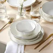Karaca Flora Dinnerware Sets for 6 People, Modern Floral Design with Gold Trim Bone China Dinner Set, Kitchen Plates Bowls Set, Bone China, 24-Piece, White