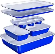 BAKKEN 6-Piece Kitchen Baking Pan Set - Royal Blue Color with Gray Ceramic Nonstick Coating, Commercial Grade Carbon Steel Bakeware, Baking Essentials, PFOA, PFOS, PTFE Free, Oven Safe (Up to 450° F)
