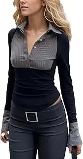 [EMOTTOS] Women's Y2K Crop Tops, Long Sleeve Patchwork Vintage Striped Polo Shirt, Slim Fit, Sexy Button Down Deep V-Neck, Stretchy Casual T-Shirts, Black, S-L, Black