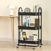 Artiss 3-Tier Kitchen Trolley, Steel Frame Kitchens Storage Rolling Trolleys Cart with Wheels Rack Shelf Organiser, Home Bathroom Wardrobe Laundry Storage Organization Bonus 4 Hooks Black