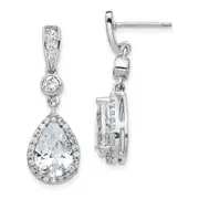 Sterling Silver Cheryl M Rhodium-Plated Brilliant-Cut Cz Teardrop And Bezel Halo Post Dangle Earrings