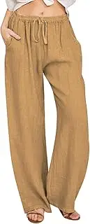 [PTOLOCIF] Linen Pants Women High Waist Wide Leg Cotton Pants Casual Summer Drawstring Trousers Flowy Palazzo Pants W/Pockets